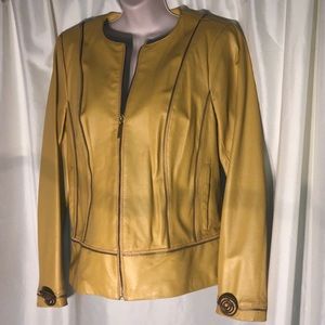 Golden yellow leather jacket by Bradley Small flaw on shoulder/ hair/scarf fixes